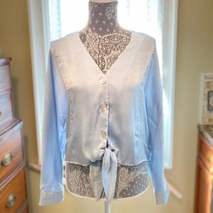 Satin Tie Front Blouse w/ Buttons